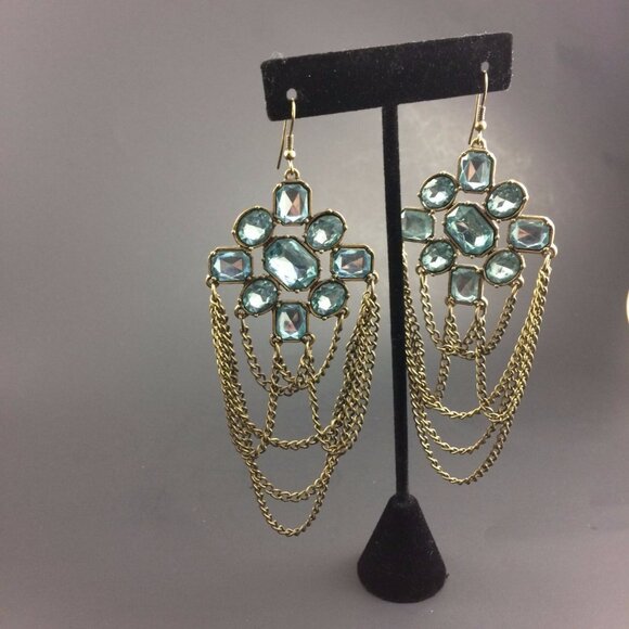 Long Blue Rhinestone Chain Swag Drop Costume Earrings Faceted 5" Runway - Picture 2 of 10